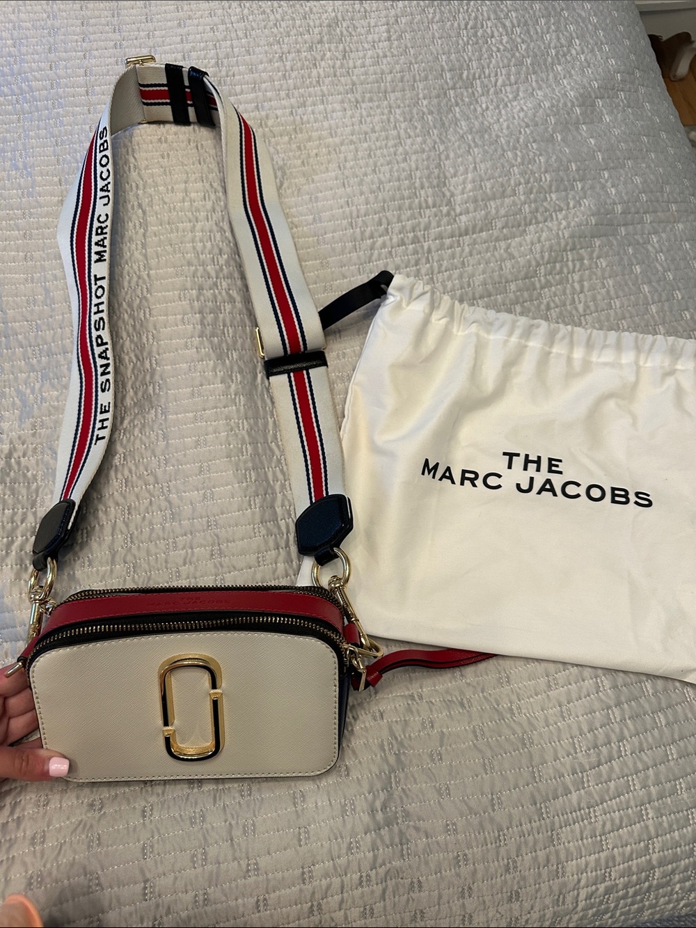Marc Jacobs Ivory Camera Bag with Red Trim and Striped Strap